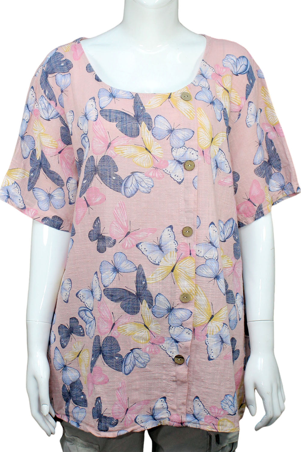 Butterfly print cotton tops with button details