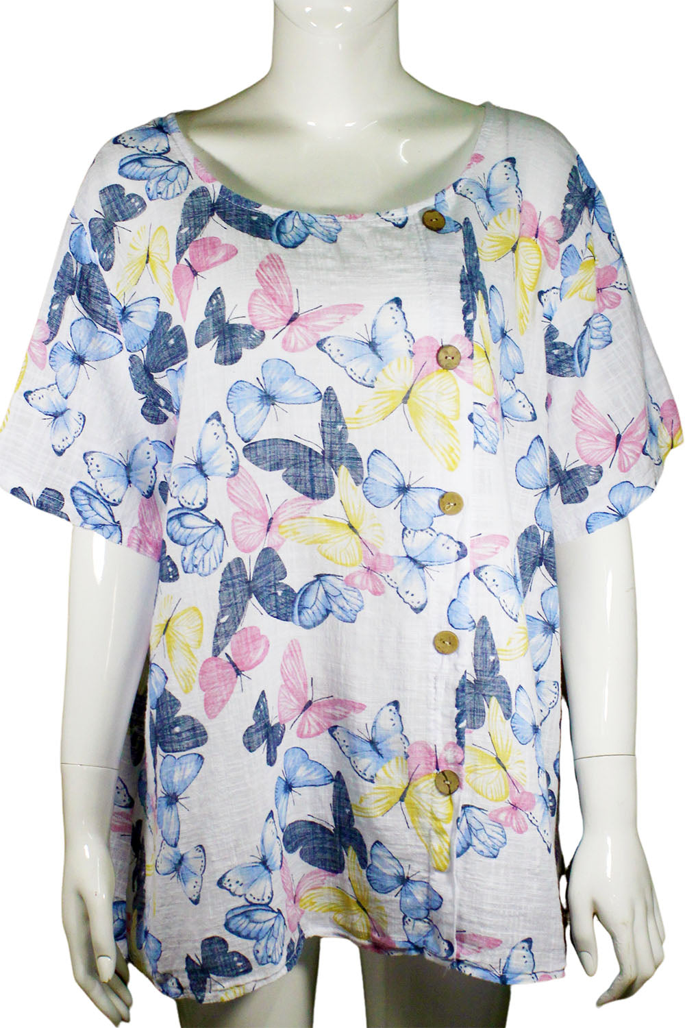 Butterfly print cotton tops with button details