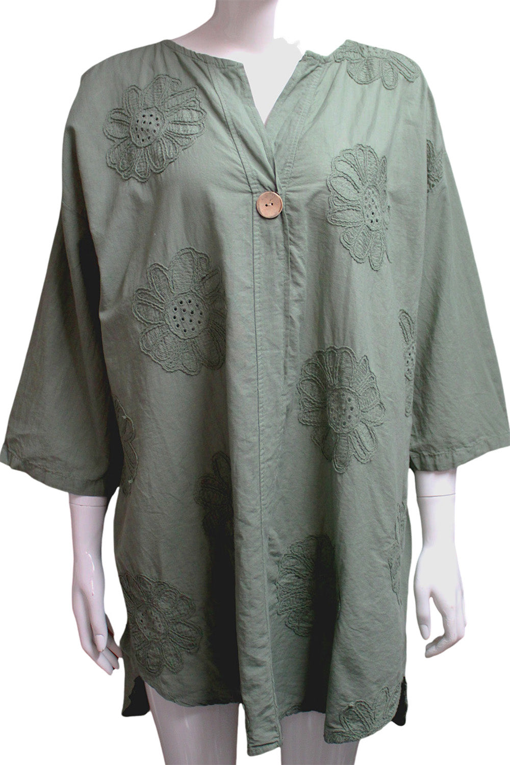 One button floral embroider long top