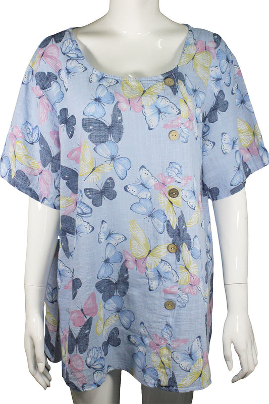 Butterfly print cotton tops with button details