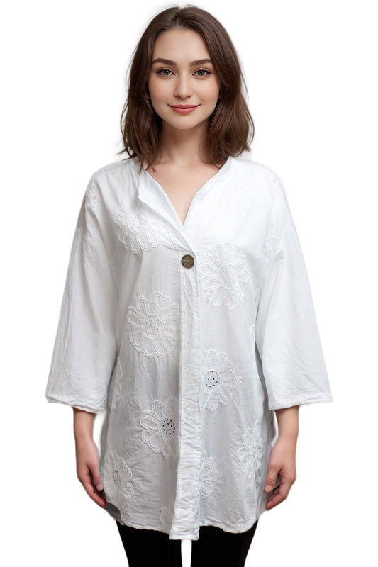 One button floral embroider long top